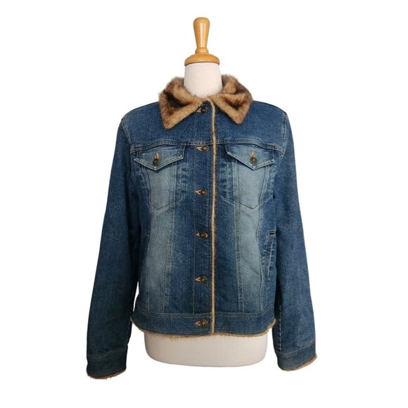 Vintage Marvin Richards Faux Fur Denim Jean Jacket Women’s Size L Y2K - Picture 1 of 11